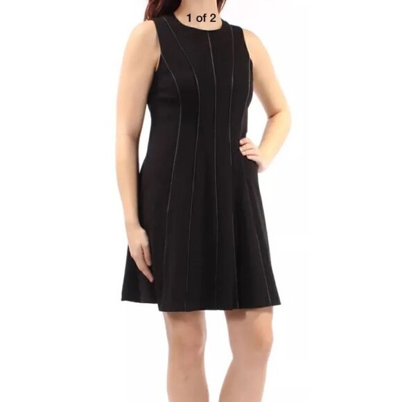 CALVIN KLEIN Womens Sleeveless Dress Fit and Flair with Black Faux Leather Trim - Picture 1 of 11